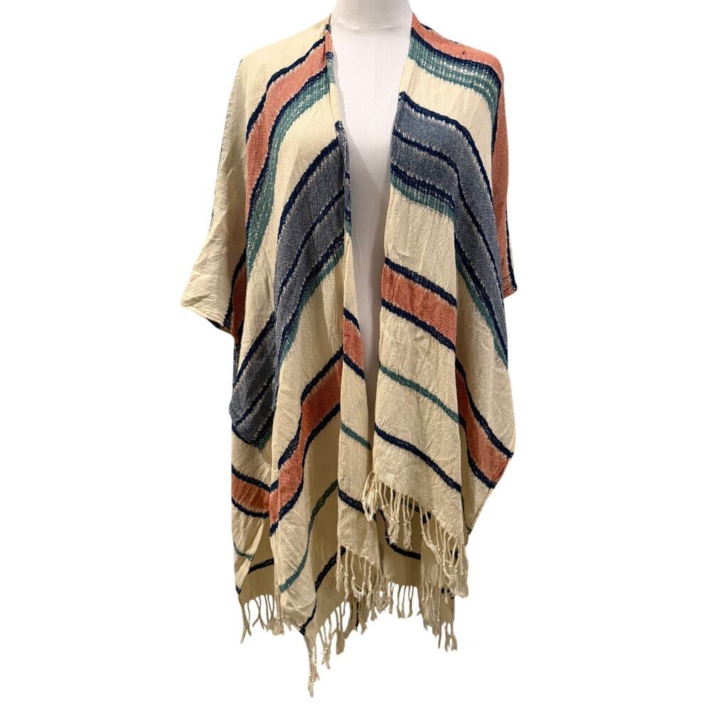 World Market Striped Cotton Fringe Kimono Cardigan O/S Boho Indie Beach Cover